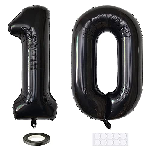Xihuimay 40" Nummer 10 Folienballon Zahl 10 Luftballon Ziffer 10. Geburtstag Ballon 100cm Riesen Ballons Luft oder Helium Digitaler Ballon für Mädchen Junge Jubiläum Feierliche Anlässe, Schwarz XXL von Xihuimay