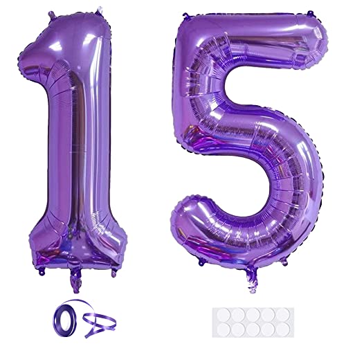 Xihuimay 40" Nummer 15 Folienballon Zahl 15 Luftballon Ziffer 15. Geburtstag Ballon 100cm Riesen Ballons Luft oder Helium Digitaler Ballon für Mädchen Junge Jubiläum Feierliche Anlässe, Lila XXL von Xihuimay