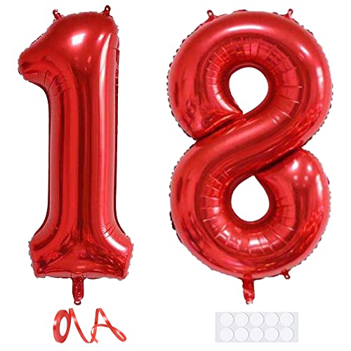 Xihuimay 40" Nummer 18 Folienballon Zahl 18 Luftballon Ziffer 18. Geburtstag Ballon 100cm Riesen Ballons Luft oder Helium Digitaler Ballon für Mädchen Junge Jubiläum Feierliche Anlässe, Rot XXL von Xihuimay