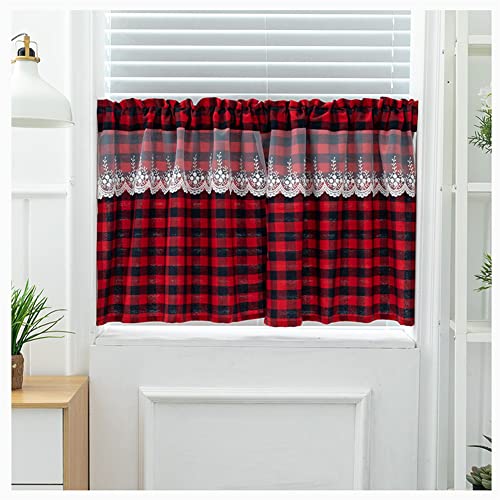 Kurzstores Gardinen mit Spitze Kleinfenster Kurz Landhausstil Vintage Blickdicht Scheibengardinen Kurzgardinen Vorhang Kurzvorhang Modern Küche Kariert Wohnzimmer,Rot,Weite 137 CM * Höhe 61 CM von XiinxiGo