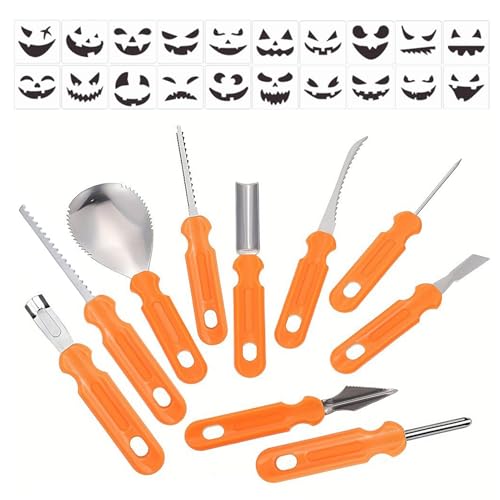 Xijobido Kürbis-Schnitzwerkzeug-Set | Kürbis Schablonen Werkzeug | Halloween Säge, Schöpflöffel, Cutter und Schaber mit Schablonen für Kinder und Erwachsene für Bastelarbeiten von Xijobido