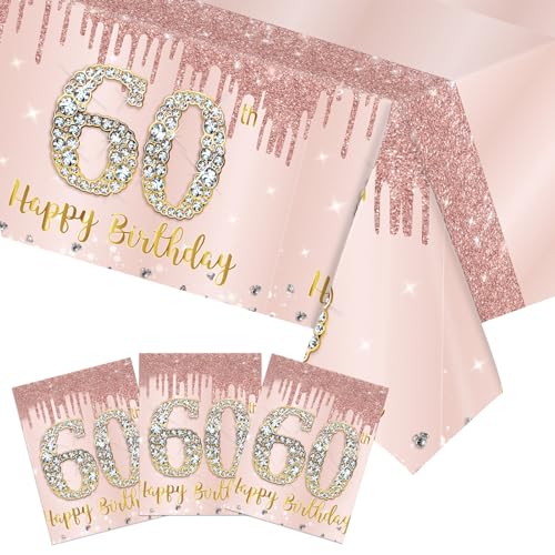 Xiliconie 3 Stück Tischdecke zum 60. Geburtstag Dekorationen 60 Jahre alt Geburtstag Dekorationen Roségold Happy 60th Birthday Tischdecke Kunststoff Einweg-Tischdecke Rechteckige Tischdecke für Frauen von Xiliconie