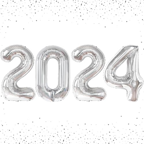 Silvester Deko 2024 Ballons, 40 Zoll Folienballon 2024, Neujahr Deko Silber Luftballon, 2024 Neues Jahr Luftballons, Zahlenballon für Jahreswechsel Neujahr Silvester Party Dekorationen von XinChout