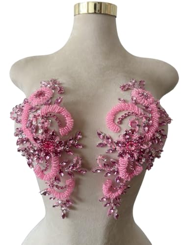 Handgefertigte Strasssteine auf Spitzenapplikation, Nähperlen, Pailletten, für Hochzeitskleid, Zubehör, 1 Paar/Tasche, 12 x 29 cm, Rosa von Xinc.bkap