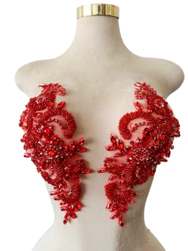 Handgefertigte Strasssteine auf Spitzenapplikation, Nähperlen, Pailletten, für Hochzeitskleid, Zubehör, 1 Paar/Tasche, 12 x 29 cm, Rot von Xinc.bkap