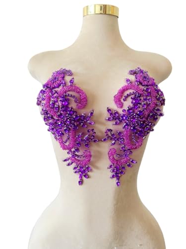 Handgefertigte Strasssteine auf Spitzenapplikation, Nähperlen, Pailletten, für Hochzeitskleid, Zubehör, 1 Paar/Tasche, 12 x 29 cm, Violett von Xinc.bkap