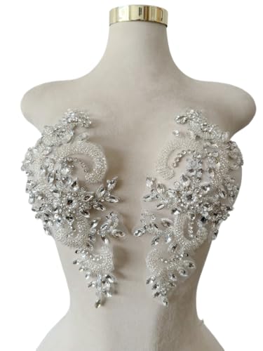Handgefertigte Strasssteine auf Spitzenapplikation, Nähperlen, Pailletten, für Hochzeitskleid, Zubehör, 1 Paar/Tasche, 12 x 29 cm (Silber) von Xinc.bkap