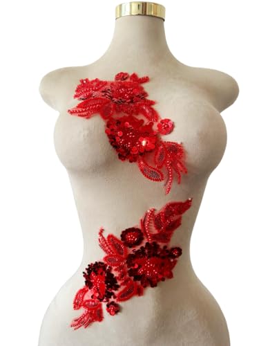 Handgefertigter Stoff mit Pailletten-Perlen oder Perlen, Blumen-Applikation für Hochzeitskleid, Kleid, Mieder, Kostüm, Kleidung, Basteln, DIY, 2 Stück/Beutel, 15 x 32 cm, Rot Handgefertigter Stoff mit Pailletten-Perlen oder Perlen, Blumen-Applikation für Hochzeitskleid, Kleid, Mieder, Kostüm, Kleidung, Basteln, DIY, 2 Stück/Beutel, 15 x 32 cm, Rot von Xinc.bkap