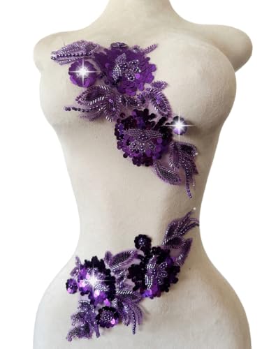 Handgefertigter Stoff mit Pailletten-Perlen oder Perlen, Blumen-Applikation für Hochzeitskleid, Kleid, Mieder, Kostüm, Kleidung, Basteln, DIY, 2 Stück/Beutel, 15 x 32 cm, Violett von Xinc.bkap