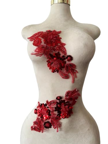 Handgefertigter Stoff mit Pailletten-Perlen oder Perlen, Blumen-Applikation für Hochzeitskleid, Kleid, Mieder, Kostüm, Kleidung, Basteln, DIY, 2 Stück/Beutel, 15 x 32 cm, Weinrot von Xinc.bkap