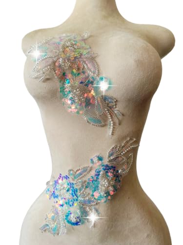 Handgefertigter Stoff mit Pailletten-Perlen oder Perlen, Blumen-Applikation für Hochzeitskleid, Kleid, Mieder, Kostüm, Kleidung, Basteln, DIY, 2 Stück/Beutel, 15 x 32 cm (transparentes AB) von Xinc.bkap