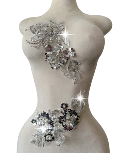 Handgefertigter Stoff mit Pailletten-Perlen oder Perlen, Blumen-Applikation für Hochzeitskleid, Kleid, Mieder, Kostüm, Kleidung, Basteln, DIY, 2 Stück/Beutel, 5,9 x 12,5 cm (Silber) von Xinc.bkap