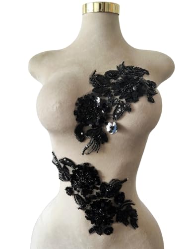 Handgefertigter Stoff mit Pailletten-Perlen oder Perlen, Blumen-Applikation für Hochzeitskleid, Kleid, Mieder, Kostüm, Kleidung, Basteln, DIY, 2 Stück/Beutel, 5,9 x 12,5 cm (schwarz) von Xinc.bkap