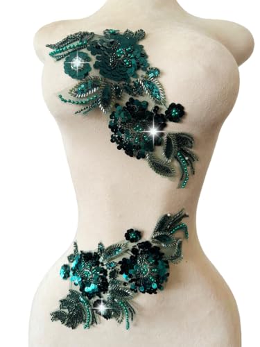 Handgefertigter Stoff mit Pailletten-Perlen oder Perlen, Blumenstoff, Spitzenapplikation für Hochzeitskleid, Kleid, Mieder, Kostüm, Kleidung, Basteln, DIY, 2 Stück/Beutel, 15 x 32 cm (tiefgrün) von Xinc.bkap