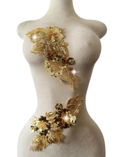 Handgefertigter Stoff mit Pailletten-Perlen oder Perlen, Blumenstoff, Spitzenapplikation für Hochzeitskleid, Kleid, Mieder, Kostüm, Kleidung, Basteln, DIY, 2 Stück/Tasche, 5,9 x 12,5 cm (Gold) von Xinc.bkap