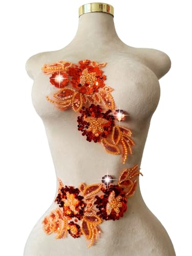 Handgefertigter Stoff mit Pailletten-Perlen oder Perlen, Blumenstoff, Spitzenapplikation für Hochzeitskleid, Kleid, Mieder, Kostüm, Kleidung, Basteln, DIY, 2 Stück/Tasche, 5,9 x 12,5 cm (Orange) von Xinc.bkap