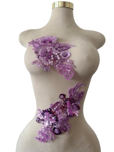 Handgefertigter Stoff mit Pailletten-Perlen oder Perlen, Blumenstoff, Spitzenapplikation für Hochzeitskleid, Kleid, Mieder, Kostüm, Kleidung, Basteln, DIY, 2 Stück/Tasche, 5,9 x 12,5 cm (Violett) von Xinc.bkap