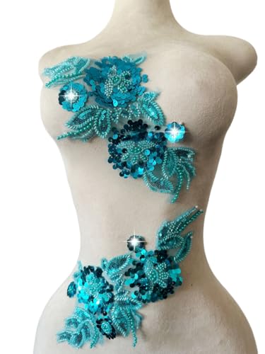 Handgefertigter Stoff mit Pailletten-Perlen oder Perlen, Blumenstoff, Spitzenapplikation für Hochzeitskleid, Kleid, Mieder, Kostüm, Kleidung, Handwerk, DIY, 2 Stück/Beutel, 15 x 32 cm, Himmelblau von Xinc.bkap