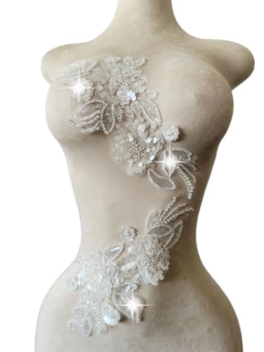 Handgefertigter Stoff mit Pailletten-Perlen oder Perlen, Blumenstoff, Spitzenapplikation für Hochzeitskleid, Kleid, Mieder, Kostüm, Kleidung, Handwerk, DIY, 2 Stück/Beutel, 15 x 32 cm (weiß) von Xinc.bkap