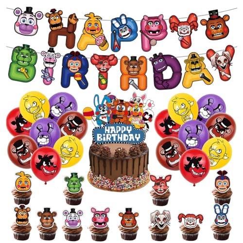 Xingchangda FNAF Geburtstags Dekoration Set Banner Luftballons Dekoration Security Breach Anime Theme Party Decor Geburtstagsparty Zubehör Birthday Cake Toppers von Xinchangda
