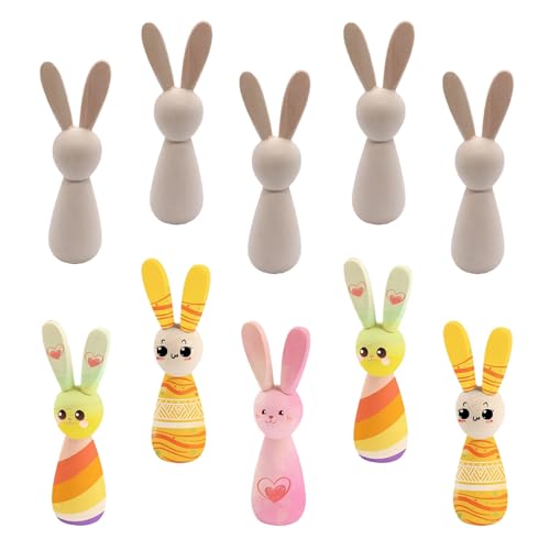 XineYuor Osterhase Holz,10PCS Holzfiguren zum Bemalen,Spielfiguren Holz Familienfiguren Holzkegel Holzfiguren Puppen Holzfiguren Kaninchen für Ostern DIY Dekoration Bemalen und Basteln von XineYuor