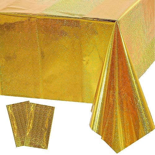 Xinfin 2 Stück Bunt Party Tischdecke, Irisierende Plastik Einweg Geburtstag Tischdecke, 137x274cm Rechteck Wasserdicht Tischtuch für Kinder Mädchen Jungen Geburtstag Party Deko (Gold, 2PCS) von Xinfin