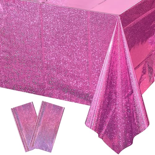 Xinfin 2 Stück Bunt Party Tischdecke, Irisierende Plastik Einweg Geburtstag Tischdecke, 137x274cm Rechteck Wasserdicht Tischtuch für Kinder Mädchen Jungen Geburtstag Party Deko (Pink, 2PCS) von Xinfin