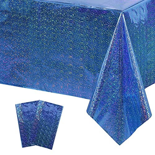 Xinfin 2 Stück Blau Unterwasserwelt Party Tischdecke,Glitzer Einweg Geburtstag Tischdecke, 137x274cm Rechteck Wasserdicht Tischtuch für Meerjungfrau Geburtstag Party Deko(Blau) von Xinfin