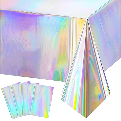 Xinfin 4 Stück Bunt Party Tischdecke, Irisierende Plastik Einweg Geburtstag Tischdecke, 137x274cm Rechteck Wasserdicht Tischtuch für Kinder Mädchen Jungen Geburtstag Party Deko (Laser, 4PCS) von Xinfin