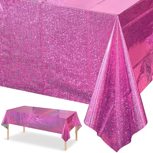 Xinfin Bunt Party Tischdecke, Irisierende Plastik Einweg Geburtstag Tischdecke, 137x274cm Rechteck Wasserdicht Tischtuch für Kinder Mädchen Jungen Geburtstag Party Deko (Pink, 1PCS) von Xinfin