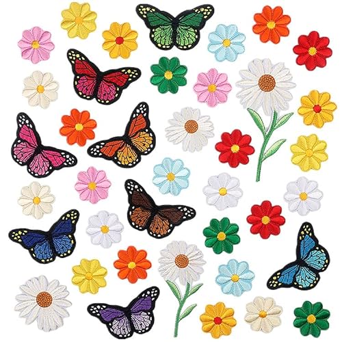 16 Pcs Applikationen zum Aufbügeln für Erwachsene, Mini Sun Flower Bestickte Patches, Schmetterlingsmuster Stickerei Patch, Aufbügel Patches zum Jeans von Xingdianfu