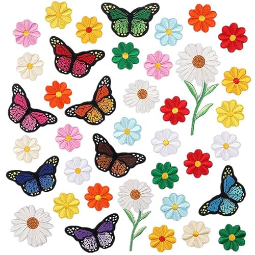 16 Pcs Applikationen zum Aufbügeln für Erwachsene, Mini Sun Flower Bestickte Patches, Schmetterlingsmuster Stickerei Patch, Aufbügel Patches zum Jeans von Xingdianfu