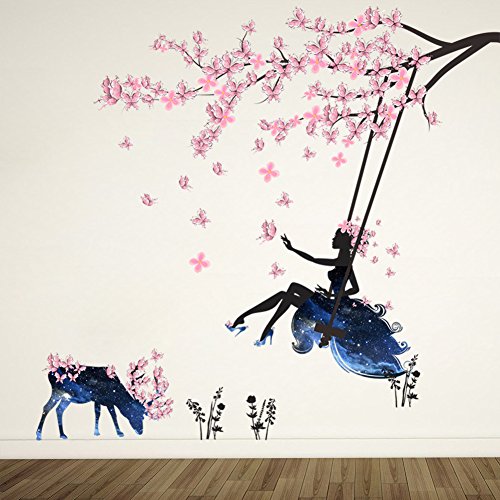 Wandtattoo Mädchen auf Baum Swing & Moose Silhouette Wand Aufkleber Dekorative Abnehmbare Wandsticker DIY Vinyl Wand Aufkleber für Wohnzimmer, Schlafzimmer von Xingdianfu