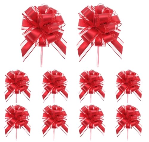10pcs 6in Pull Bogen für Geschenkverpackung vorgefertigte Satin & Organza Band Bogen, Valentin Weihnachtsdekor, Geschenkkorb Bogen (Red, 6in) von Xingshen-GTG