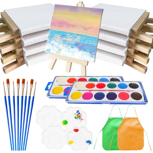 32Pcs Mini leinwand und Staffelei Set, XingyLi 8 kleine Leinwand Kunsttafeln mit 8 Künstler Dreieck Staffeleien, 8 Pinsel, 4 Mischpalette, 2 Malerei Schürze und 2 Aquarellfarben, Leinwand Malständer von XingyLi