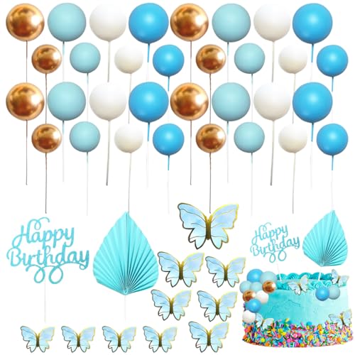 53 Stück Kugel-Kuchenaufsätze, Dekorationen, XingyLi Blau-Gold, Mini-Luftballons, Cupcake-Topper mit Palmenfächern, Schmetterling und Happy Birthday-Kucheneinsatz, Schaumstoff-Kugel-Kuchenspieße für 53 Stück Kugel-Kuchenaufsätze, Dekorationen, XingyLi Blau-Gold, Mini-Luftballons, Cupcake-Topper mit Palmenfächern, Schmetterling und Happy Birthday-Kucheneinsatz, Schaumstoff-Kugel-Kuchenspieße für von XingyLi