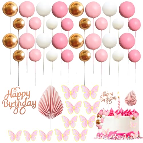 XingyLi Kuchendekoration, 54 Stück, rosa-goldfarben, Mini-Luftballons, Cupcake-Topper mit Palmenfächern, Schmetterling und "Happy Birthday"-Kucheneinsatz, Schaumstoff-Kugel-Kuchenspieße für Geburtstag XingyLi Kuchendekoration, 54 Stück, rosa-goldfarben, Mini-Luftballons, Cupcake-Topper mit Palmenfächern, Schmetterling und "Happy Birthday"-Kucheneinsatz, Schaumstoff-Kugel-Kuchenspieße für Geburtstag von XingyLi