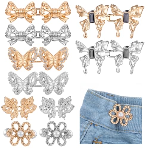 10 Stück Hosen Enger Machen Clip Schmetterlings Taille Tightener Blume Hosenknopf zum Enger Machen Einstellbar Ohne Nähen Knöpfe für Frauen Lose Hosen Röcke Ärmel (Gold Silber) von Xinjoduz