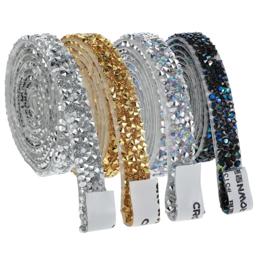 4 Stück Strassband Glitzersteine Selbstklebend Strasssteine zum Kleben Stickers Glitter Bänder für DIY-Basteln Hochzeit Party Dekorationen (Silber Farbe Schwarz Gold) von Xinjoduz