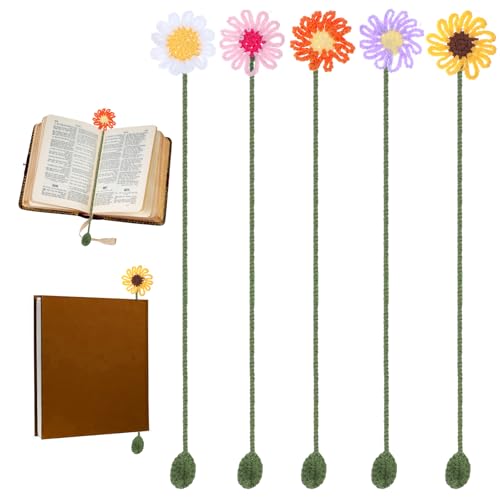 5 Stück 33cm Häkeln Blumen Lesezeichen Gestrickter Andgemachte Lesezeichen Blumenornamente Lesezubehör Häkelblumen Gänseblümchen Geschenk Bookmark für Leser Lehrer Studenten Buchliebhaber von Xinjoduz