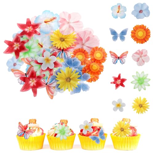 60 Stück Tortendeko Blumen, Esspapier Schmetterling Geburtstag Deko Bunte Blüten Tortendeko Essbare Schmetterlinge Kuchen Deko Hochzeit Cupcake Topper für Torte Muffin von Xinjoduz
