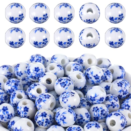 Xindojuz Keramikperlen, 8 mm, runde Porzellanperlen, Blumendruck, Abstandshalter, chinesisches sortiertes Bastelset für Schmuckherstellung, DIY, Handwerk, Armbänder, Halskette (Blau und Weiß), 100 von Xinjoduz