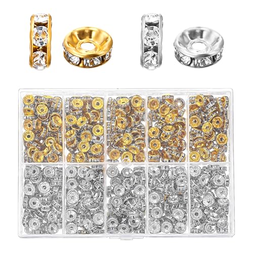 Xinjoduz Rondelle-Abstandshalter für Schmuckherstellung, 8 mm, Kristall-Abstandshalter mit Löchern, Gold- und Silber-Strassperlen für Perlenstifte, Armbänder, Halsketten, Bastelarbeiten, Bastelbedarf von Xinjoduz