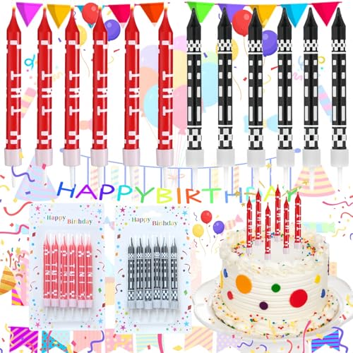 Xinlon 12 Stück Thema Geburtstagskerzen, Long Birthday Candles Children with Holders, Cake Candles for Children and Adults, Decorative Birthday Cake, Wedding Party(Rot Schwarz) von Xinlon