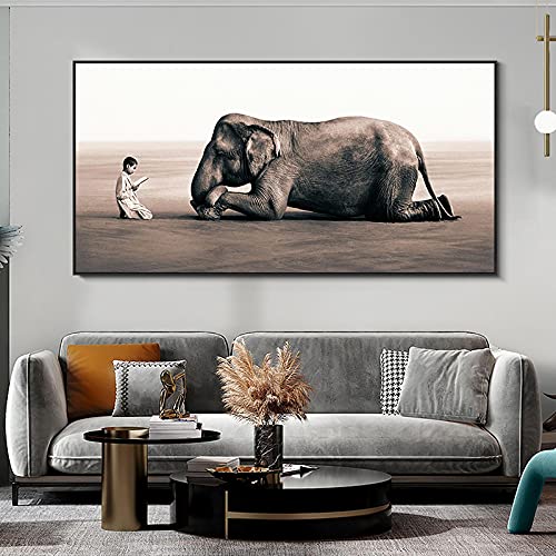Xinmei Art Junge liest Elefanten Leinwand Gemälde Asche und Schnee Poster und Drucke Wandkunst Tiere Bilder für Wohnzimmer Dekor 50x105cm(20x41in) ungerahmt von Xinmei Art