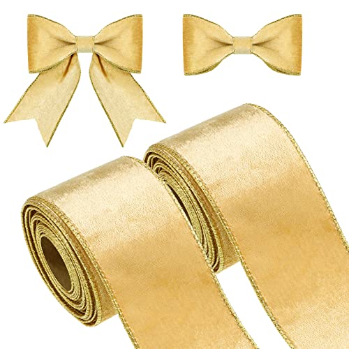 2 Rollen 2,5 Zoll 10 Yards Einseitig Gesicht Samtband Valentinstag Weihnachten Verdrahtet Band Vintage Outdoor Verpackung Geschenkband mit Verdrahtet Rand für DIY Deko (Gold) von Xinnun