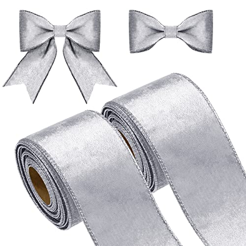 2 Rollen 2,5 Zoll 10 Yards Einseitig Gesicht Samtband Valentinstag Weihnachten Verdrahtet Band Vintage Outdoor Verpackung Geschenkband mit Verdrahtet Rand für DIY Deko (Silber) von Xinnun