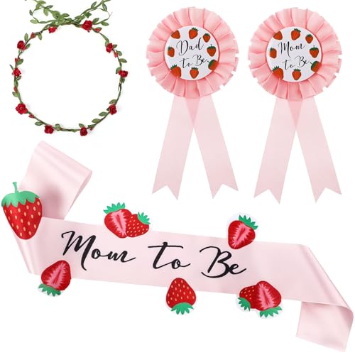 Xinnun 4 Stück Erdbeer-Babyparty-Dekorationen für Mama und Papa, Anstecknadel mit Blumen, Krone, werdende Mutter, Schärpe, Erdbeere, Babyparty, Party, Gastgeschenke, Geschlechtsoffenbarung, Geschenk Xinnun 4 Stück Erdbeer-Babyparty-Dekorationen für Mama und Papa, Anstecknadel mit Blumen, Krone, werdende Mutter, Schärpe, Erdbeere, Babyparty, Party, Gastgeschenke, Geschlechtsoffenbarung, Geschenk von Xinnun