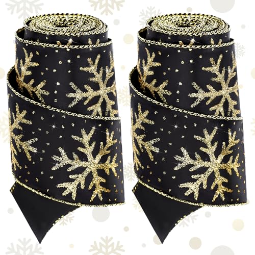 Xinnun Weihnachts-Schneeflockenband, 6,3 cm, 2 Rollen, Satin, glitzernd, Schneeflocke, Drahtrand, Weihnachtsband für Baum, Geschenkverpackung, Heimdekoration, Schleife, DIY, Handwerk (Schwarz, Gold, Xinnun Weihnachts-Schneeflockenband, 6,3 cm, 2 Rollen, Satin, glitzernd, Schneeflocke, Drahtrand, Weihnachtsband für Baum, Geschenkverpackung, Heimdekoration, Schleife, DIY, Handwerk (Schwarz, Gold, von Xinnun
