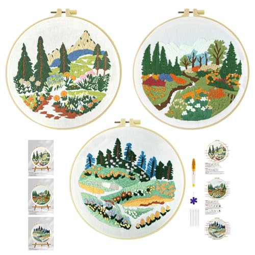 Xinpinzhou 3pcs Blumen Landschaft Stickset Sticken Set für Erwachsene Anfänger Embroidery Kit Stickerei Stick Set Stickvorlagen Kreuzstich Vorgedruckt Stickbilder Stickbild Stickpackung Stickvorlage von Xinpinzhou